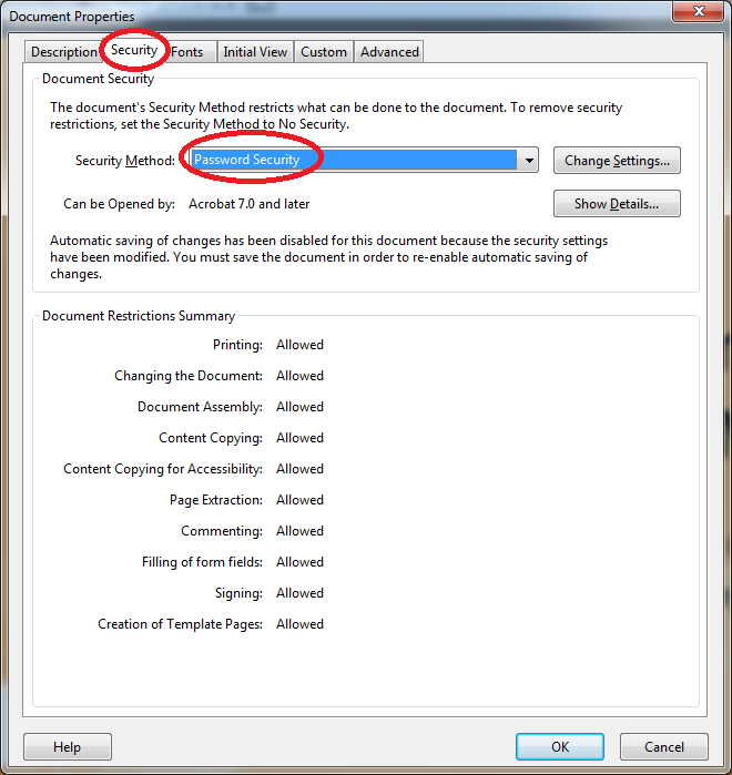 The image illustrate how to choose Password Security from Security Method in Acrobat Professional
