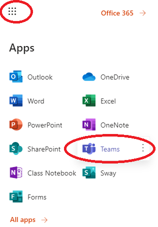 Launch Team from the O365 app launcher Launch Team from the O365 app launcher