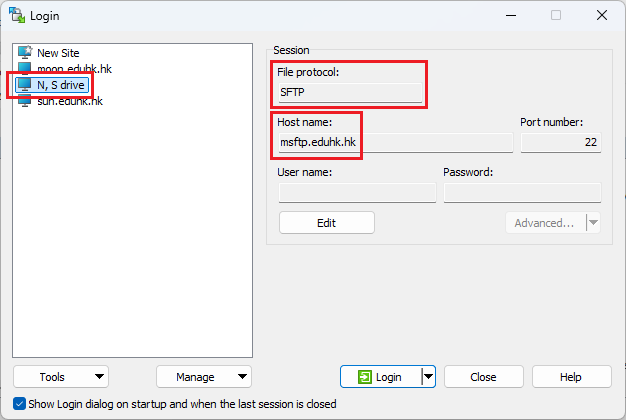 WinSCP (SFTP) login screen WinSCP (SFTP) login screen