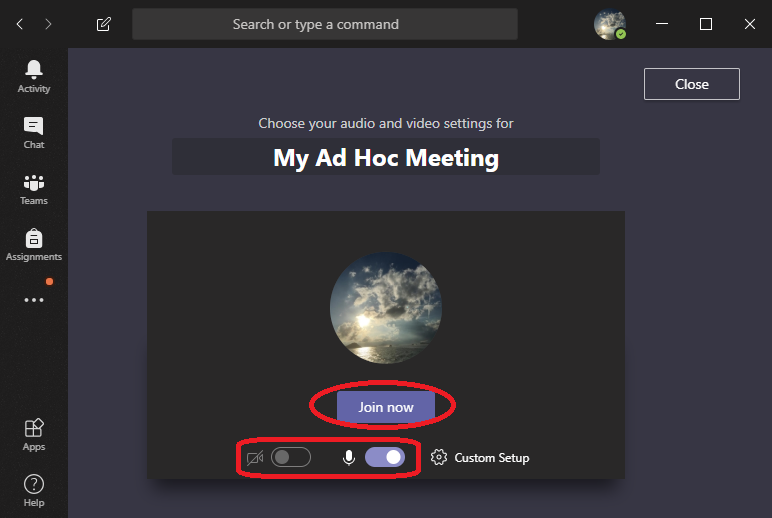 Launch Team using the calendar meet now button Launch Team using the calendar meet now button