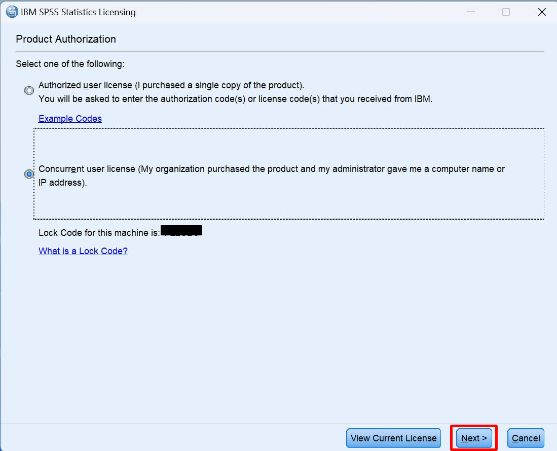 Illustration of the SPSS installation license type screen
