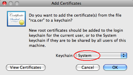 The image illustrate how to add root certificate to Mac OS X The image illustrate how to add root certificate to Mac OS X