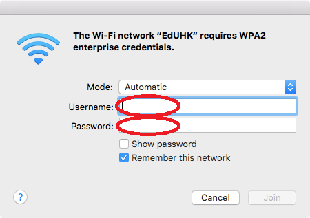 The image illustrate how to connect to campus Wi-Fi network on Mac OS The image illustrate how to connect to campus Wi-Fi network on Mac OS