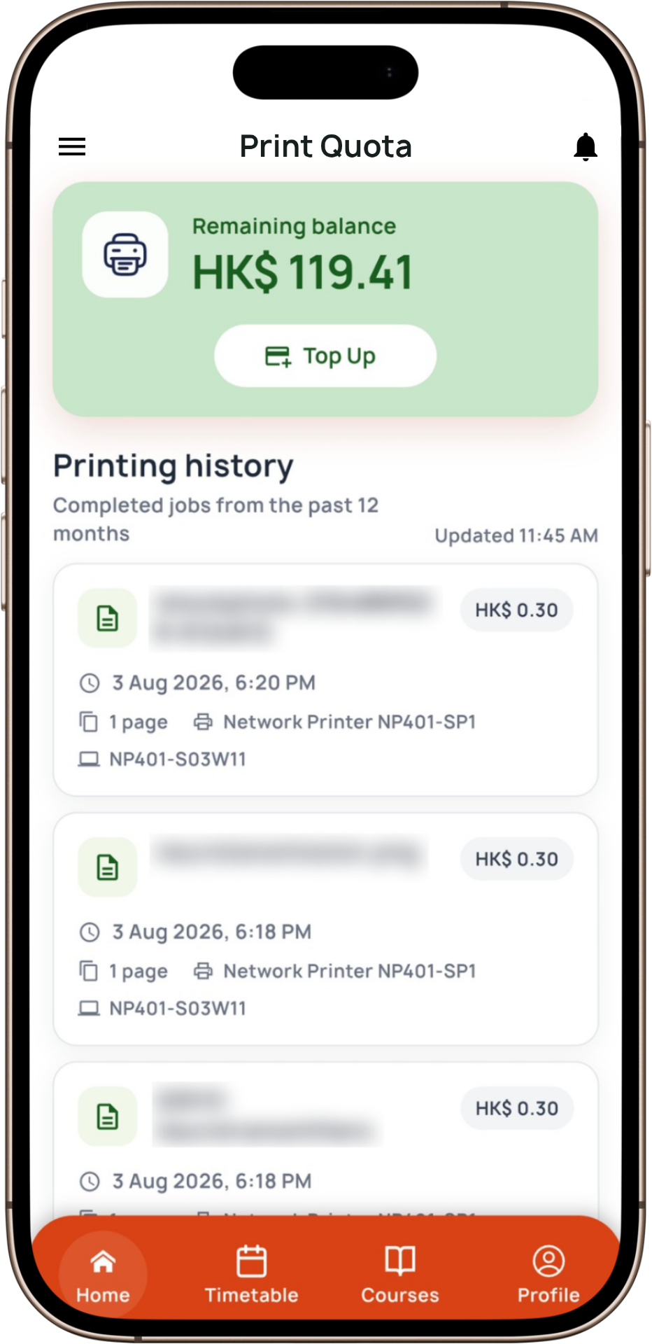 Mobile app Print Quota