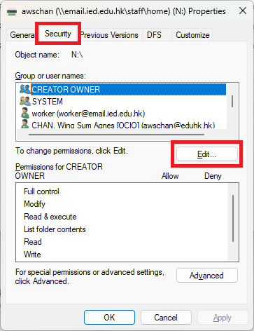 Network Drives Properties windows