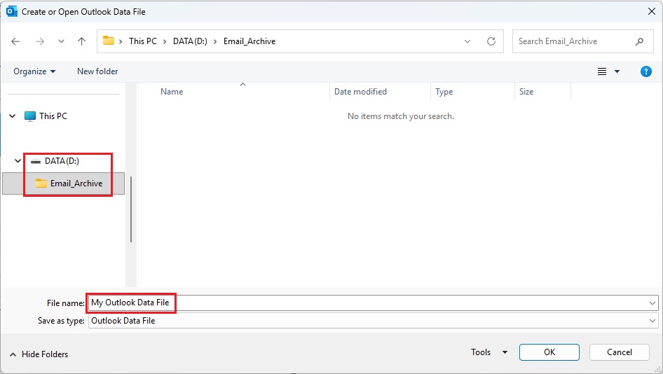 personal folder location personal folder location